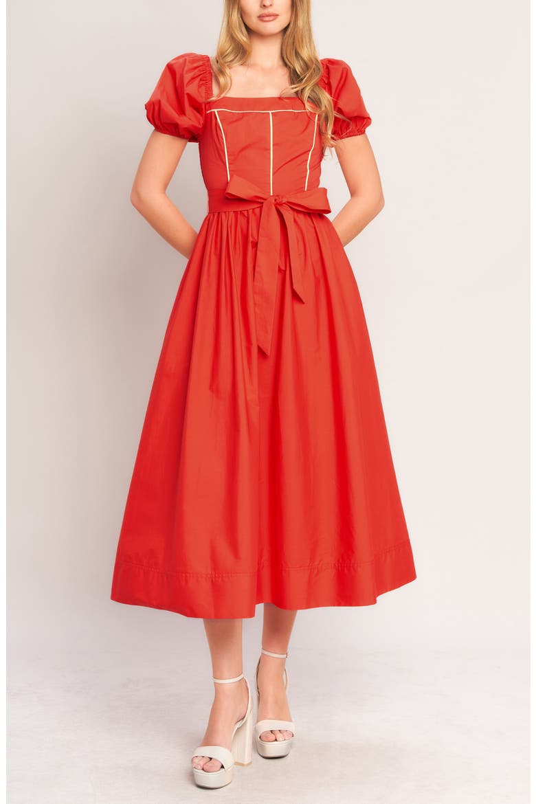 Puff Sleeve Midi Dress, Alternate, color, CORAL RED