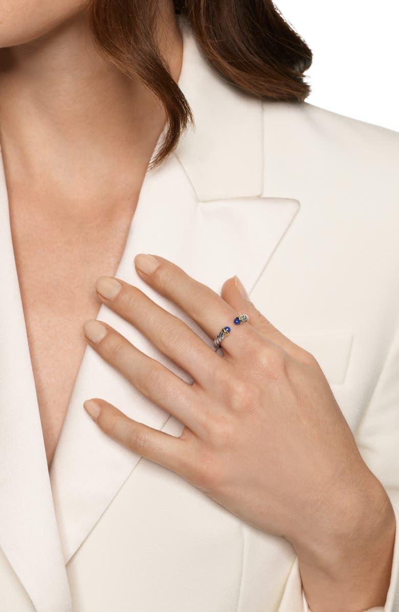 David Yurman Petite Cable Open Ring in Sterling Silver with 14K Yellow Gold, 3.4mm, Alternate, color, Lapis Lazuli