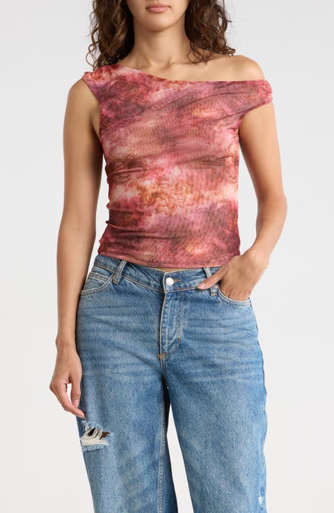 Printed One-Shoulder Mesh Top