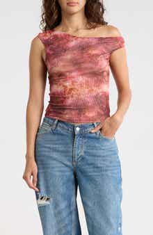 Madden Girl Printed One-Shoulder Mesh Top