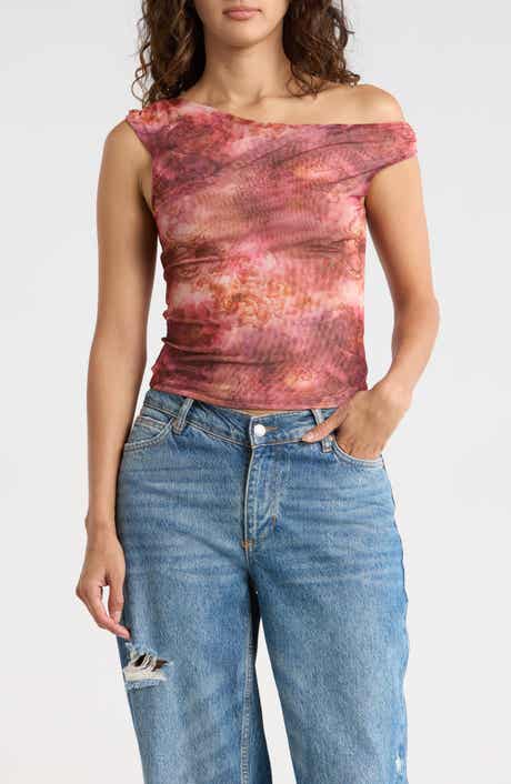 Madden Girl Printed One-Shoulder Mesh Top