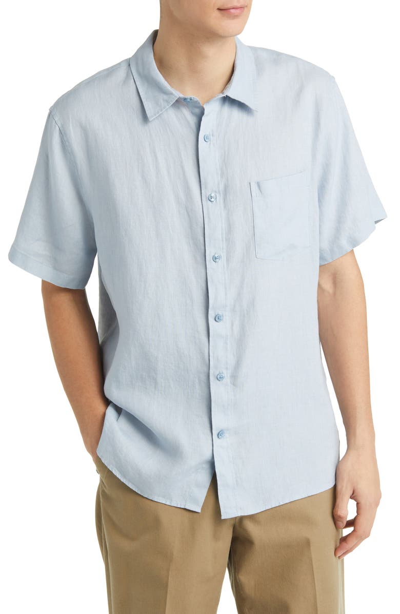 Vince Classic Fit Short Sleeve Linen Shirt, Main, color, Dk Oxford Blue
