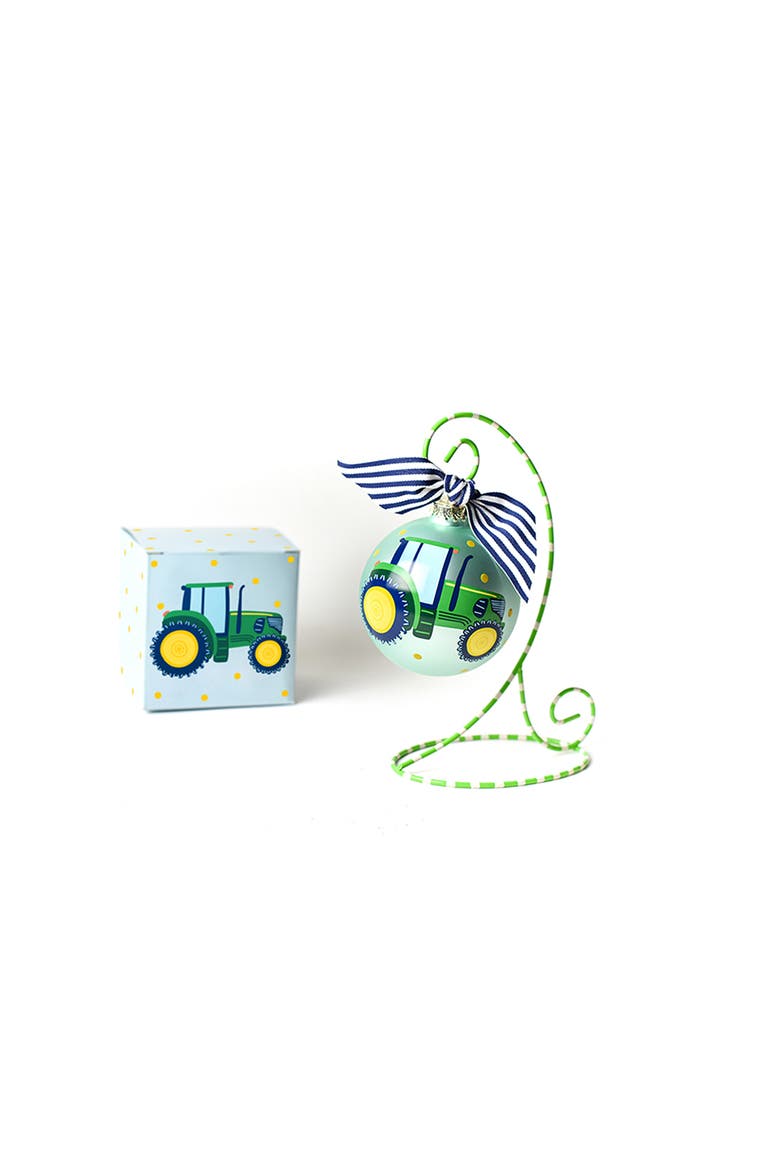 On The Farm Tractor Glass Ornament with Green and White Stand, Main, color, Blue