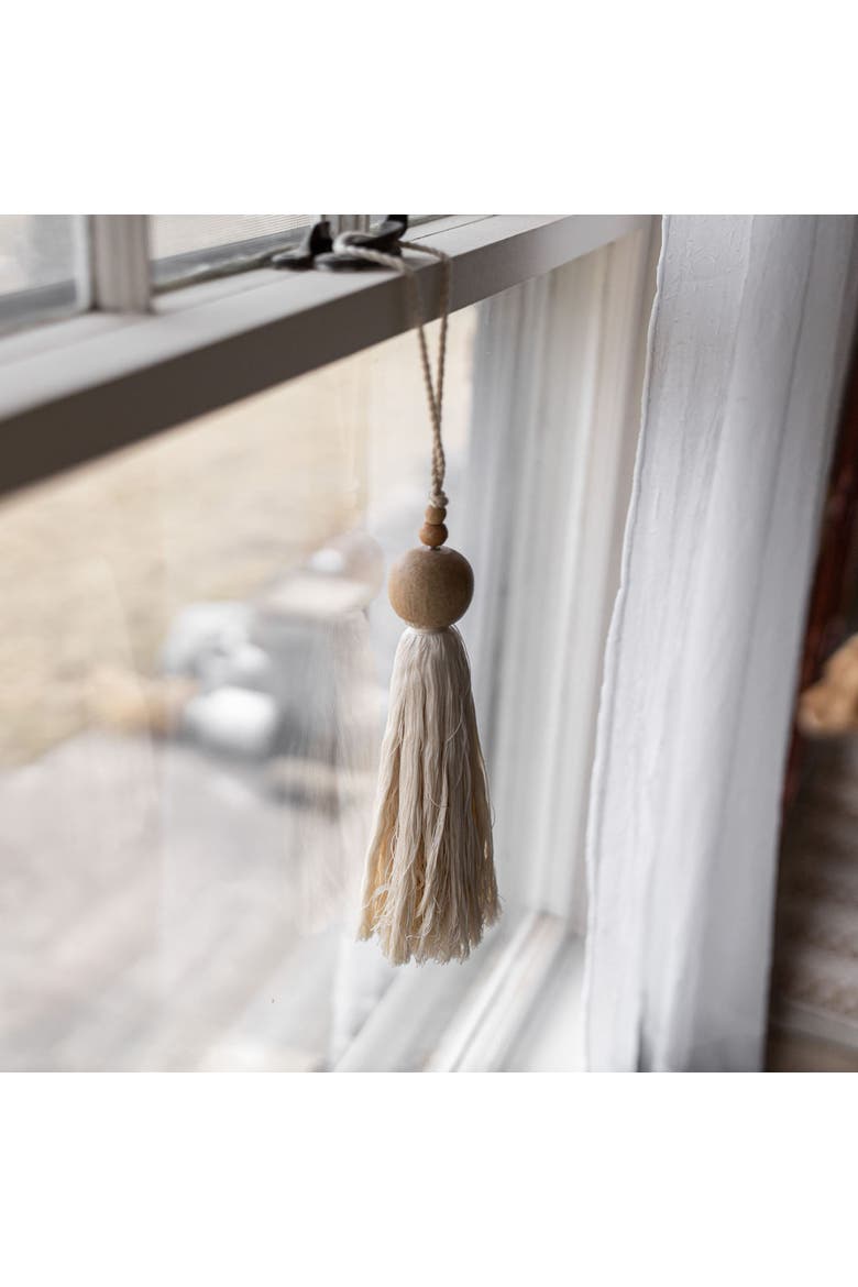 Beaded Cap Tassel White Cotton & Wood, Alternate, color, White