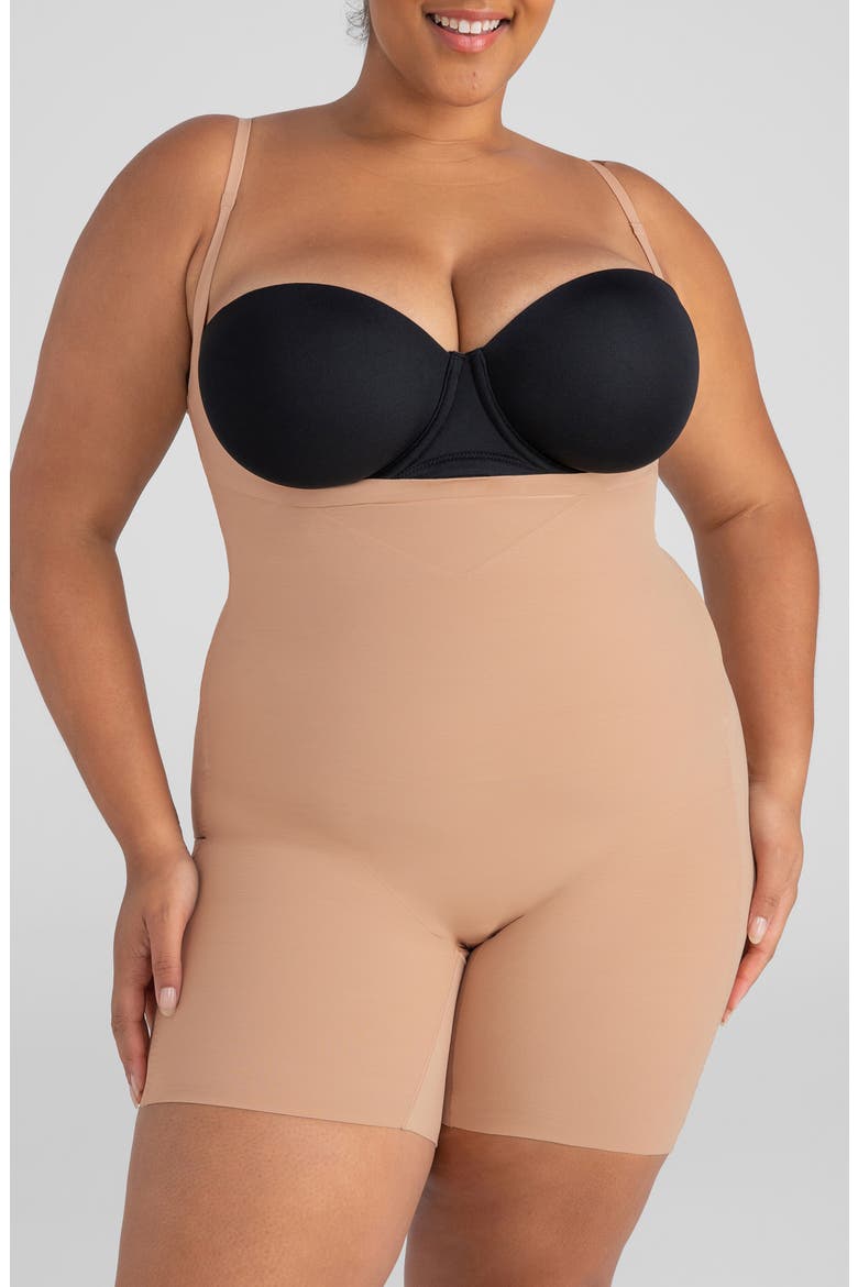 Open Bust Mid Thigh Shaper Bodysuit, Alternate, color, SAND