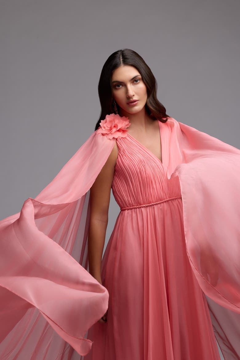 Chiffon V-Neck Cape Sleeve Gown with Floral Shoulder Detail, Alternate, color, Hibiscus