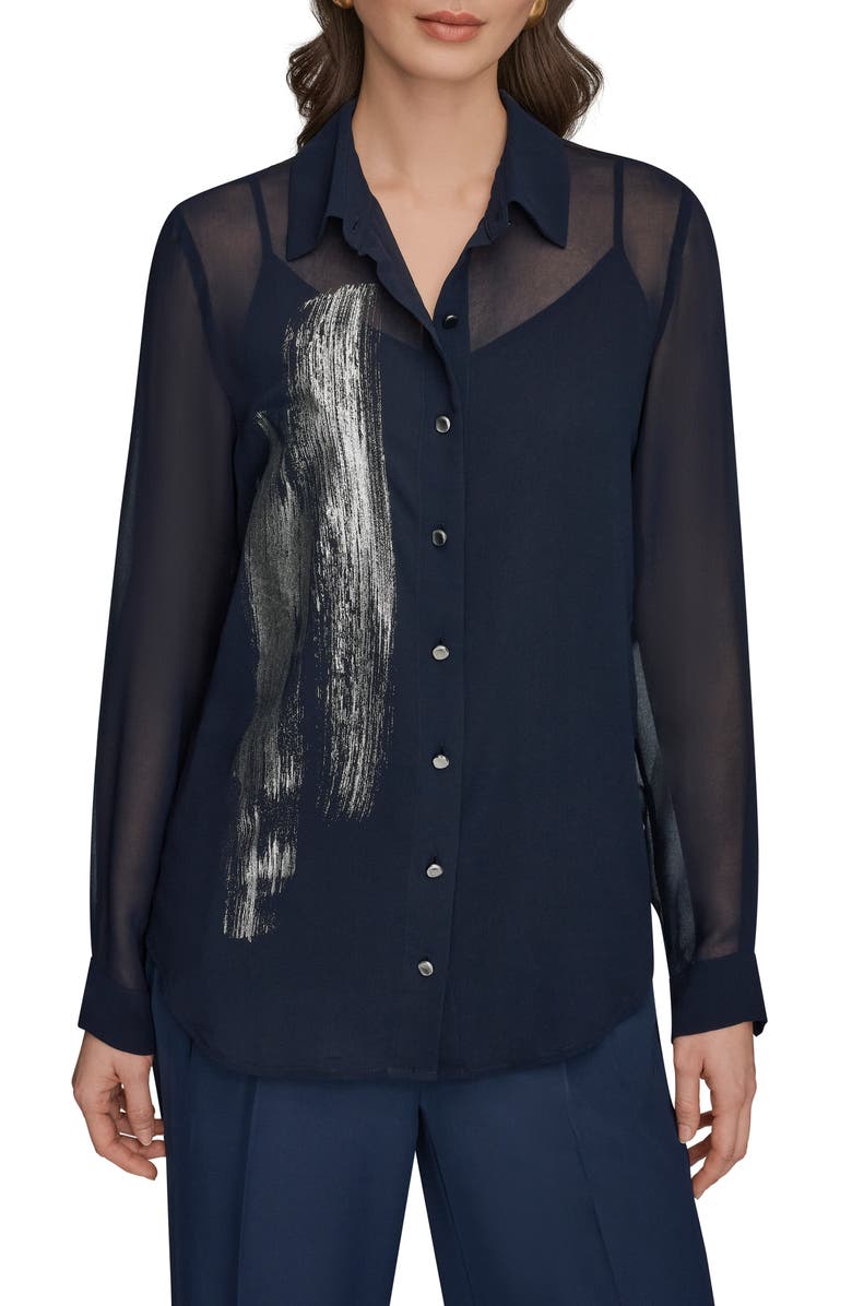 Donna Karan New York Metallic Foil Georgette Button-Up Shirt, Main, color,