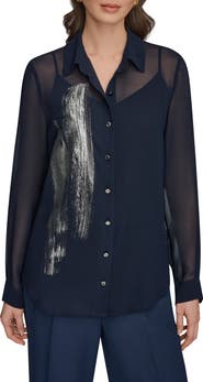 Donna Karan New York Metallic Foil Georgette Button-Up Shirt
