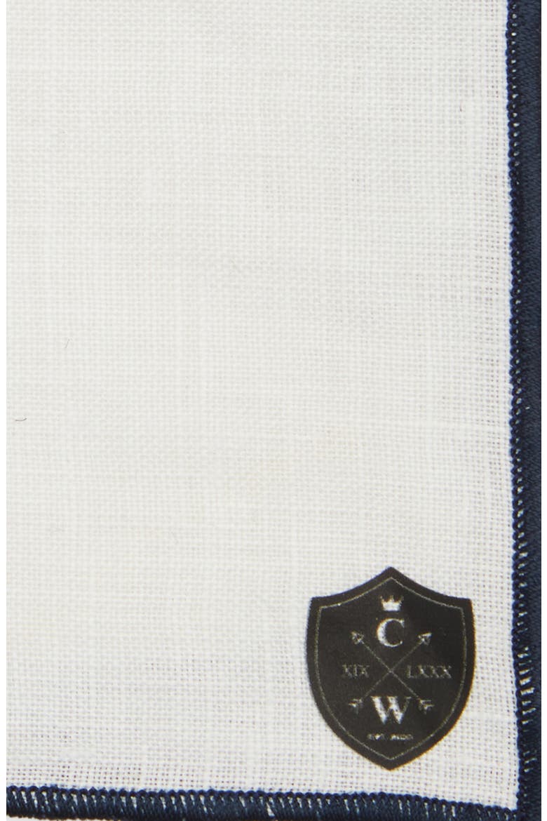 White Linen Pocket Square with Navy Trim, Alternate, color, NAVY
