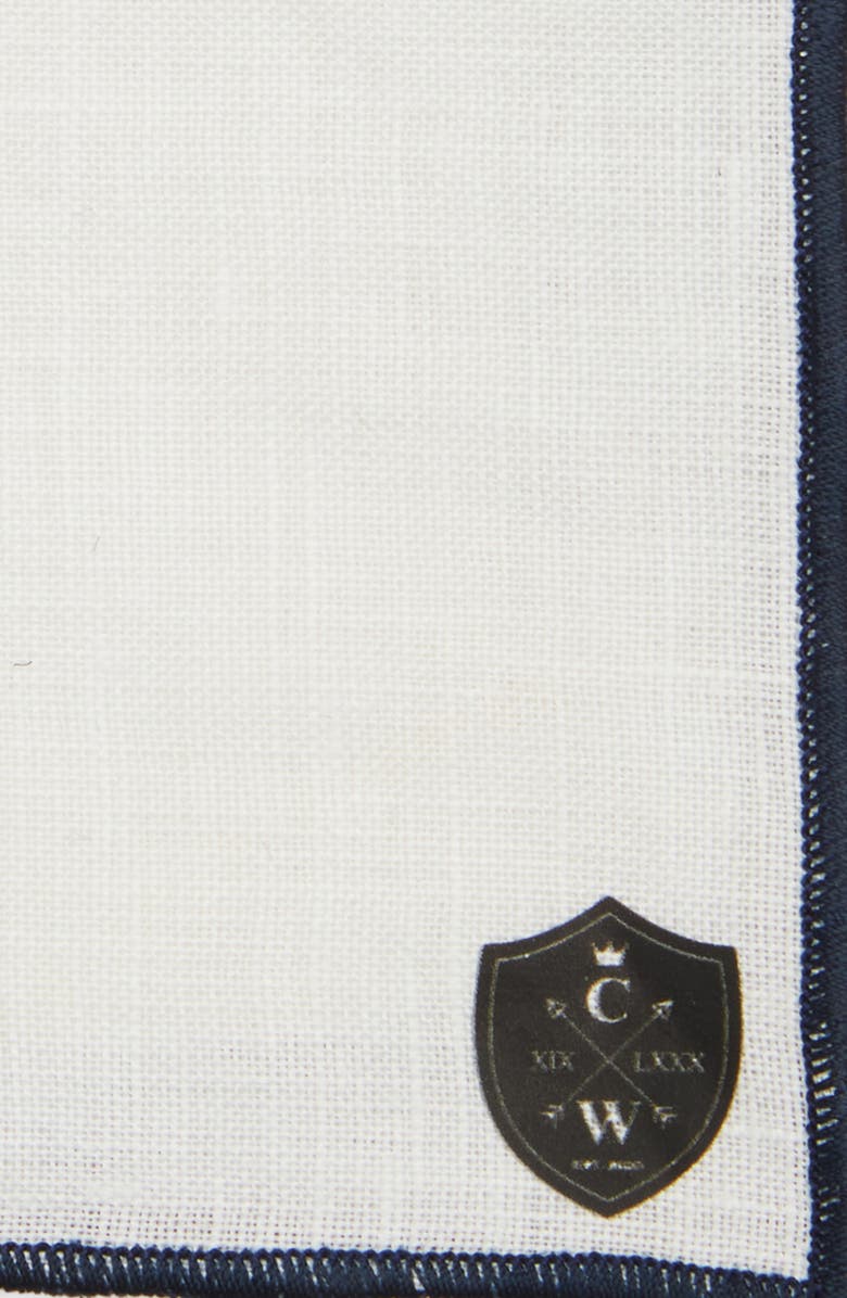 CLIFTON WILSON White Linen Pocket Square with Navy Trim, Alternate, color, Navy