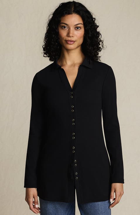 Long Sleeve Polished Rib Button Through Tunic Shirt