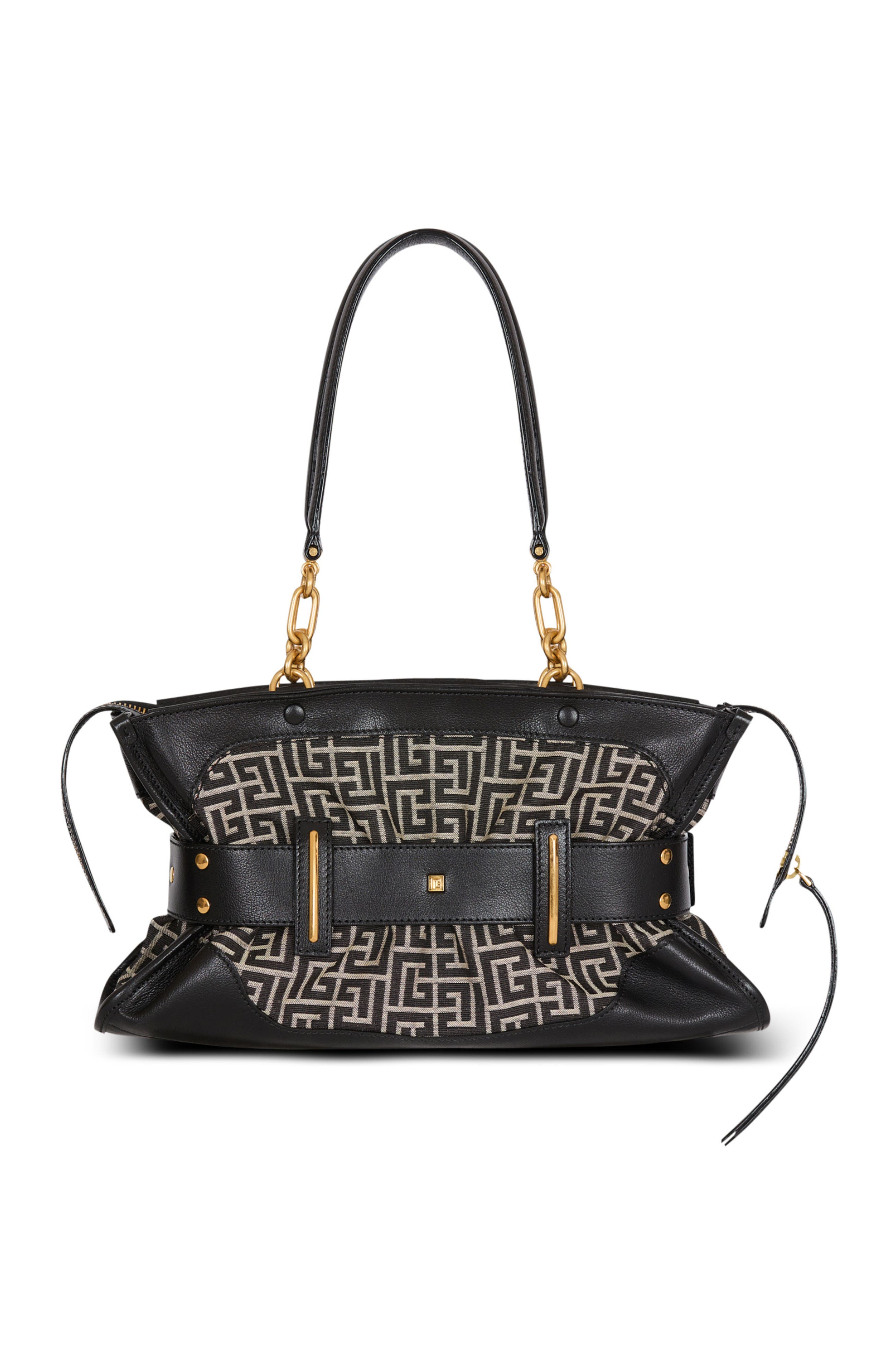 Balmain Leather and monogram jacquard Anthem bag, Alternate, color, Black
