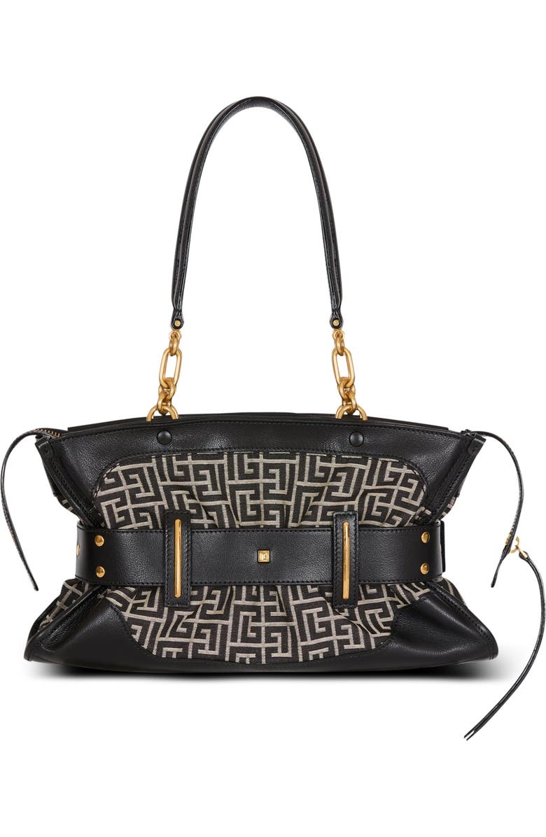 Balmain Leather and monogram jacquard Anthem bag, Alternate, color, Black