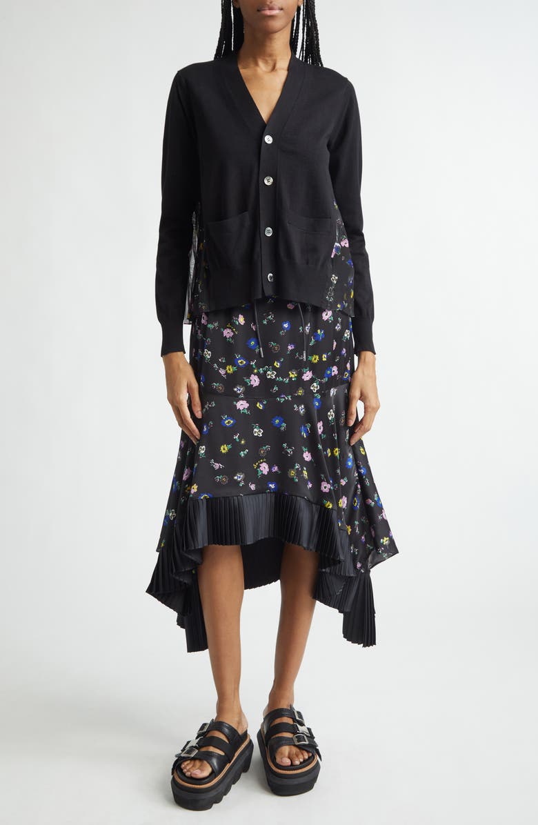 Sacai Mixed Media Pleated Floral Chiffon & Knit Cardigan, Alternate, color, Black/ Black