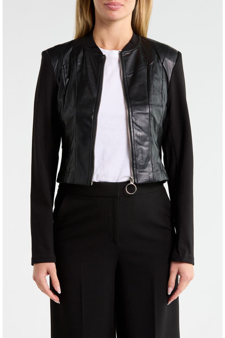 Mixed Media Faux Leather Bomber Jacket, Main, color, BLACK
