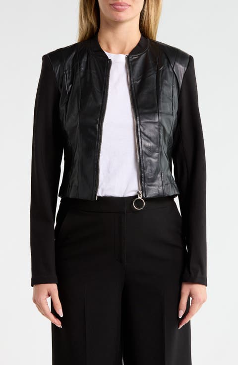 Mixed Media Faux Leather Bomber Jacket