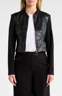 Mixed Media Faux Leather Bomber Jacket