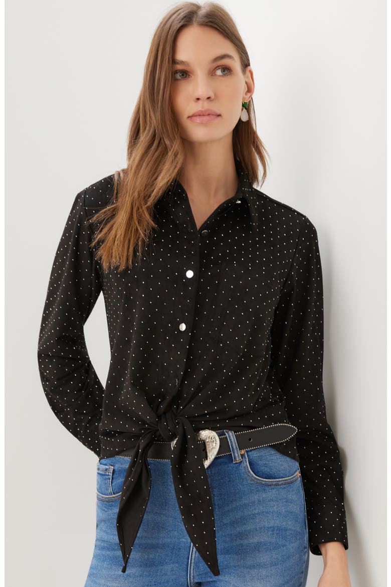 Rhinestone Faux Suede Tie Front Shirt, Alternate, color, BLACK