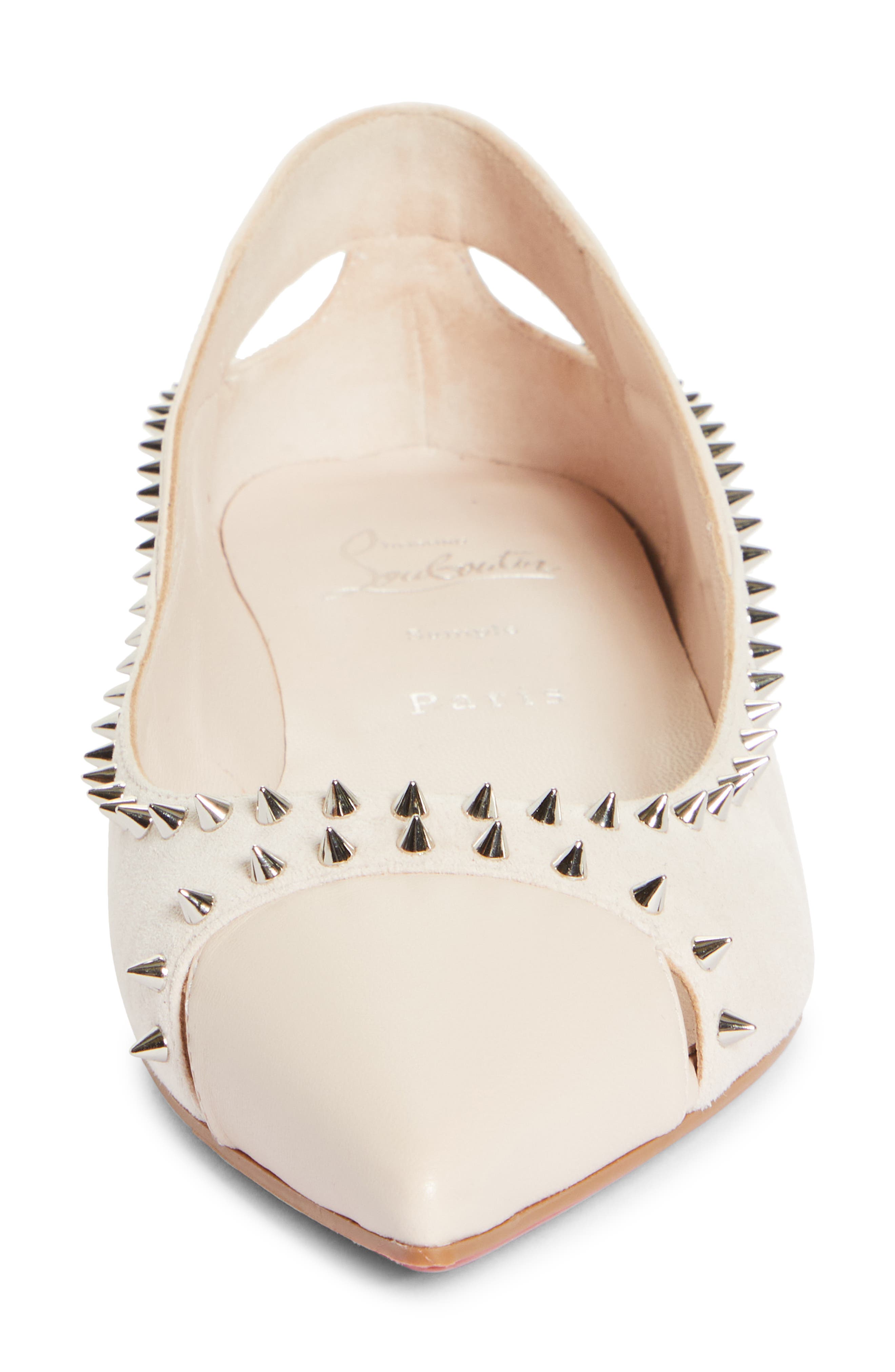 Christian Louboutin Duvettina Spikes Pointed Toe Ballet Flat, Alternate, color, F608 Leche/ Lin Leche