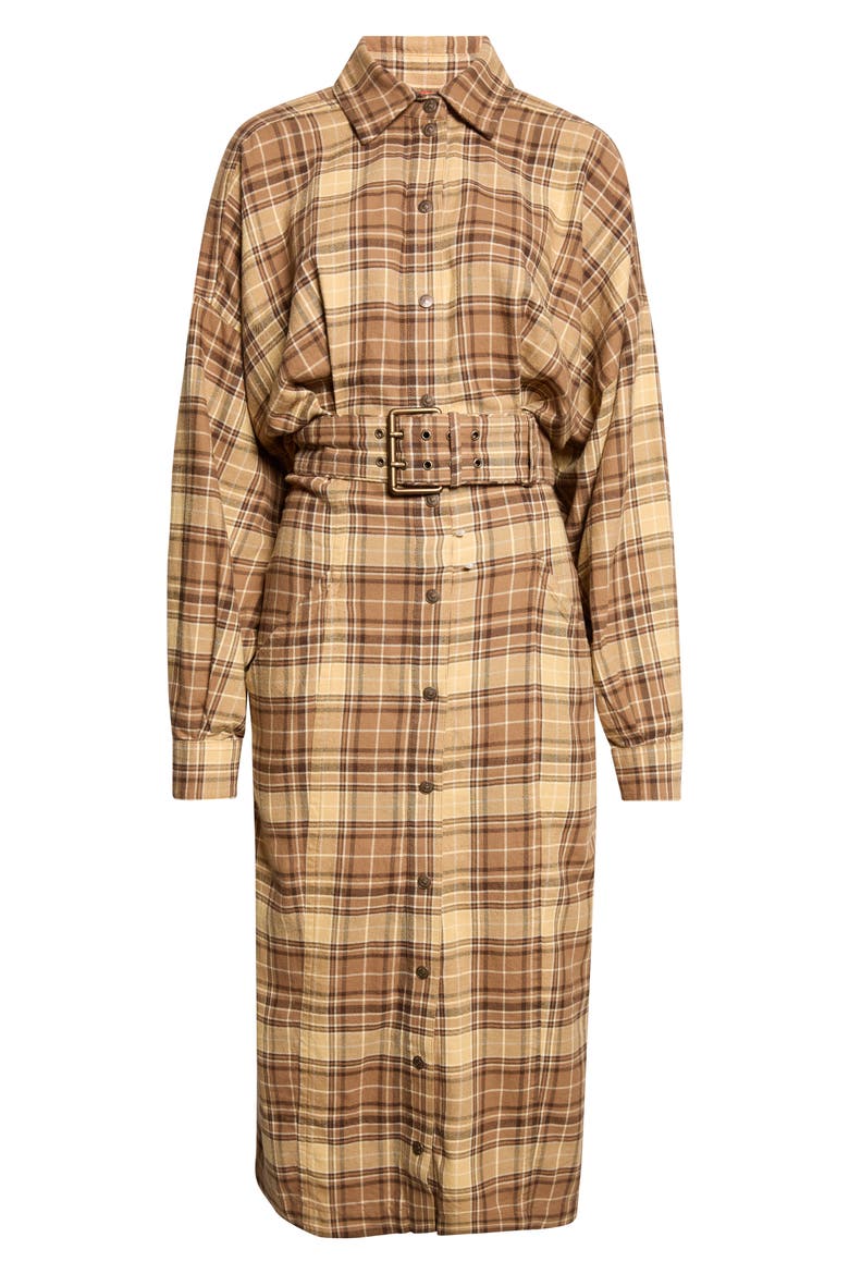 D-Edalus Plaid Long Sleeve Cotton Flannel Midi Shirtdress, Main, color, TAUPE