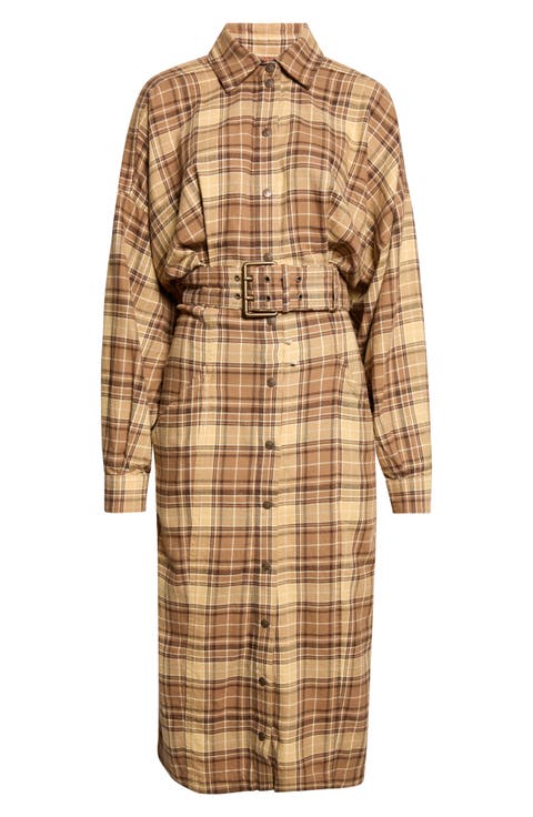 D-Edalus Plaid Long Sleeve Cotton Flannel Midi Shirtdress