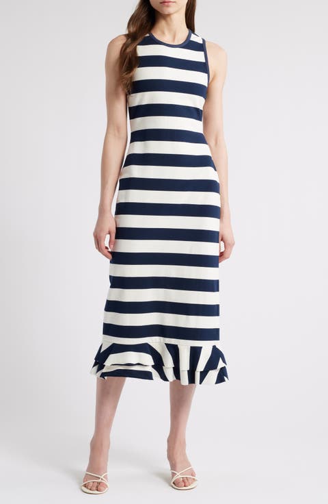 Musa Stripe Ruffle Hem Sleeveless Stretch Cotton Midi Dress