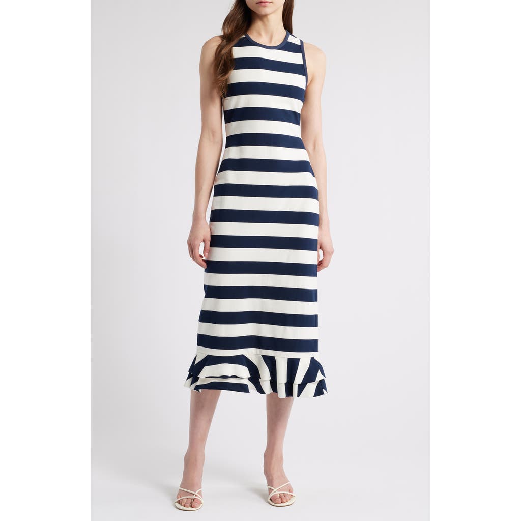 Du Paradis Musa Stripe Ruffle Hem Sleeveless Stretch Cotton Midi Dress In Navy White Stipes