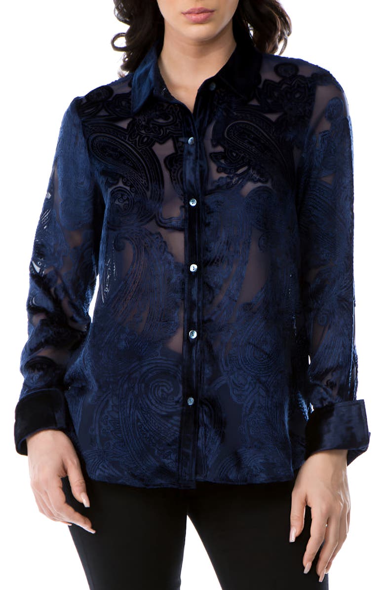 APNY Burnout Velvet Button-Up Shirt, Main, color, Navy