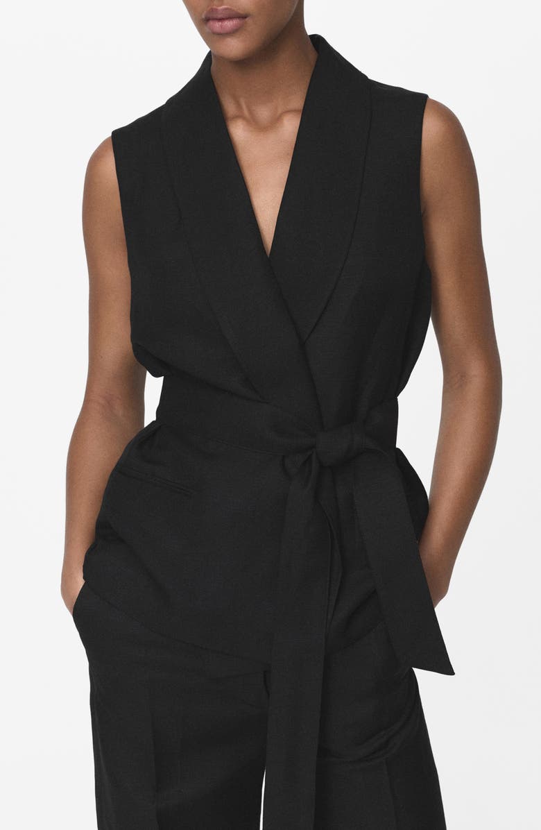 MANGO Belted Linen Blend Suit Vest, Main, color, Black