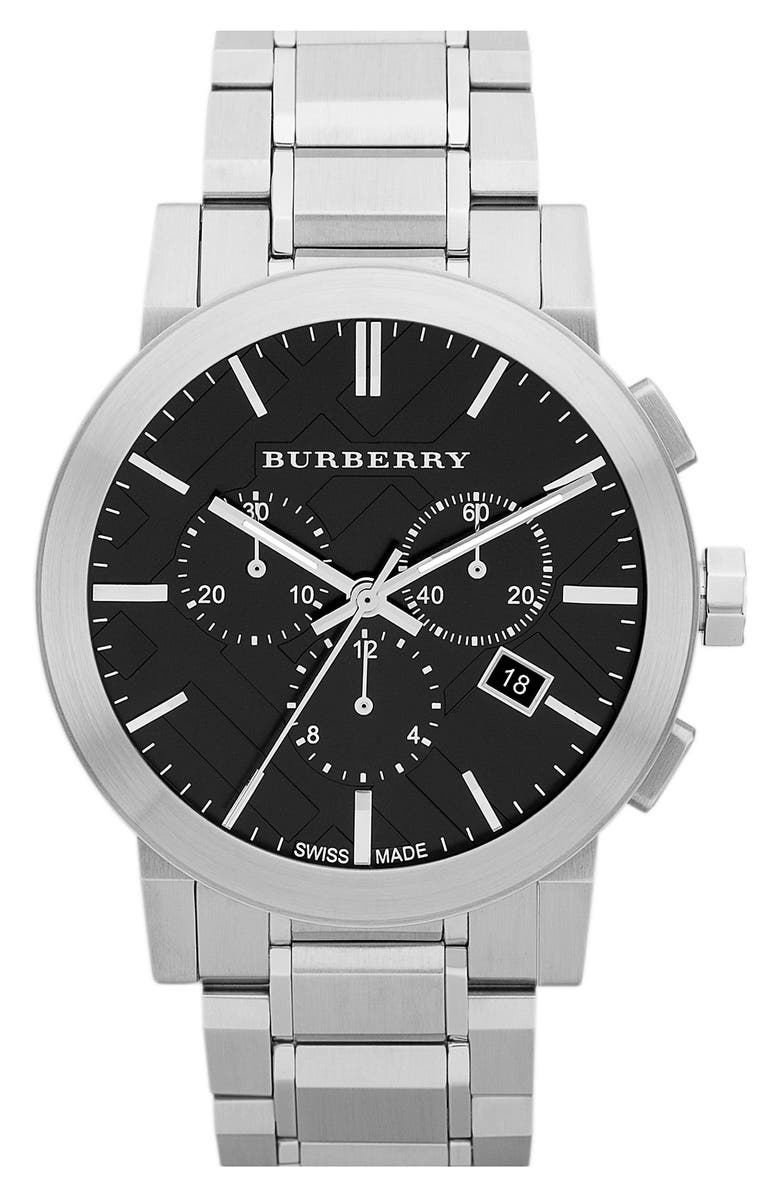 Burberry Check Stamped Chronograph Bracelet Watch, 44mm, Main, color, 
