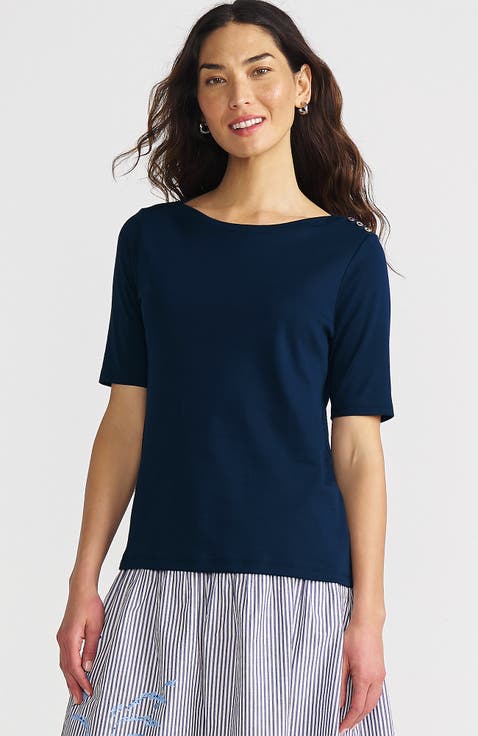 Supima Cotton Elbow Sleeve Boatneck Button Shoulder Tee