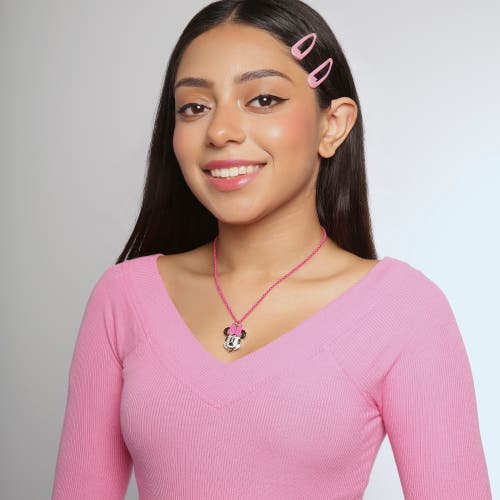 Disney Pave Crystal Minnie Mouse Necklace With Pink Chain, 16"+3" In Multi