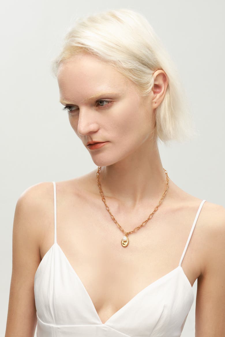 Carved Pendant and Freshwater Pearl Necklace, Alternate, color, Gold