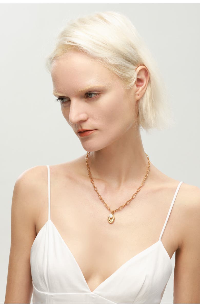 Classicharms Carved Pendant and Freshwater Pearl Necklace, Alternate, color, Gold