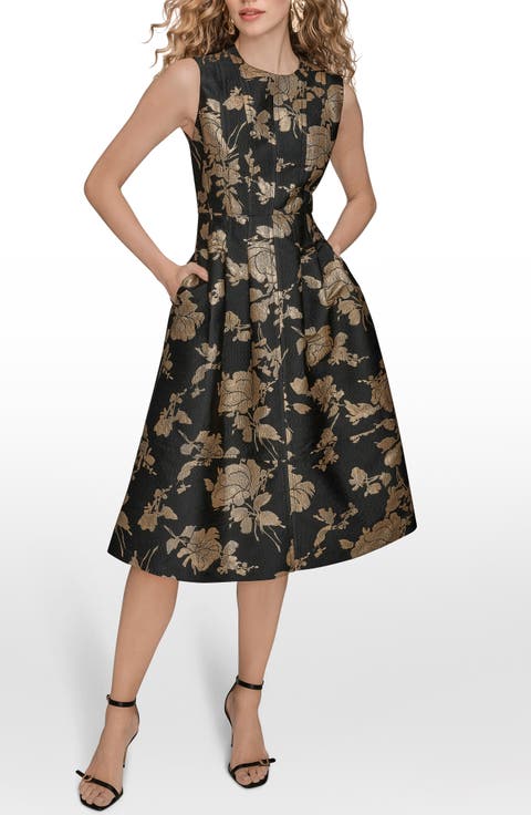 Metallic Jacquard Sleeveless Fit & Flare Dress