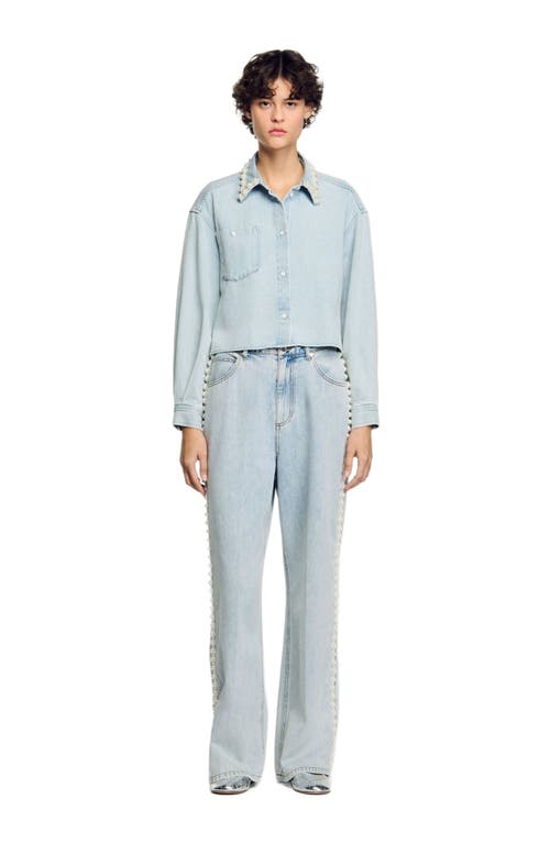 Sandro Denim Shirt With Beaded Collar In Light Bu Jean