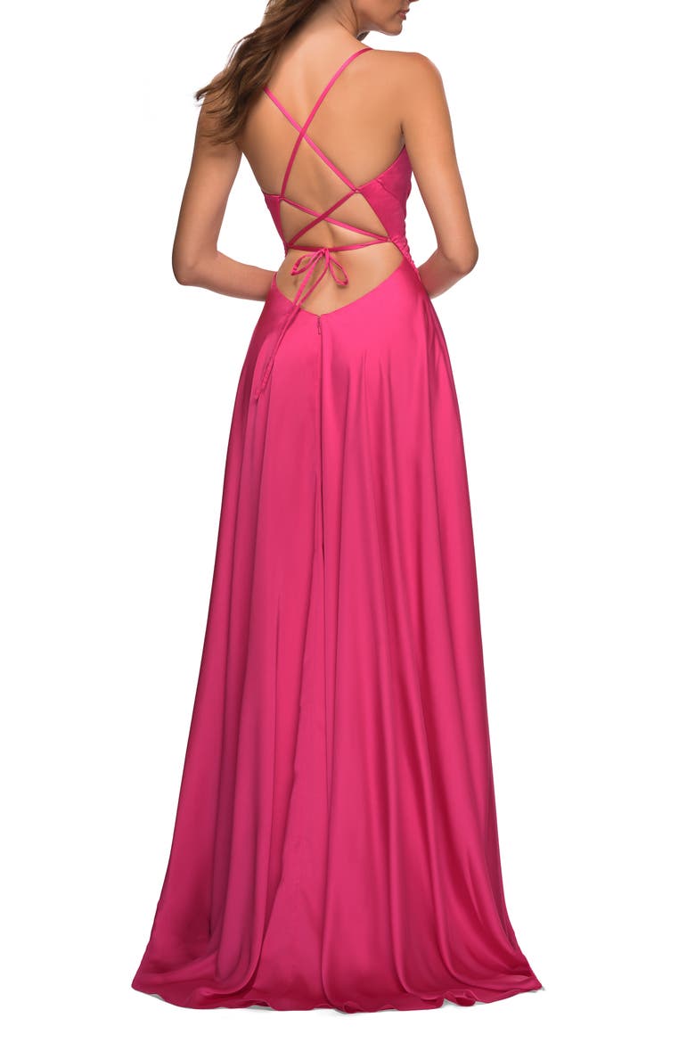 Satin Hot Pink Gown with Criss-Cross Ruched Top, Alternate, color, Hot Pink