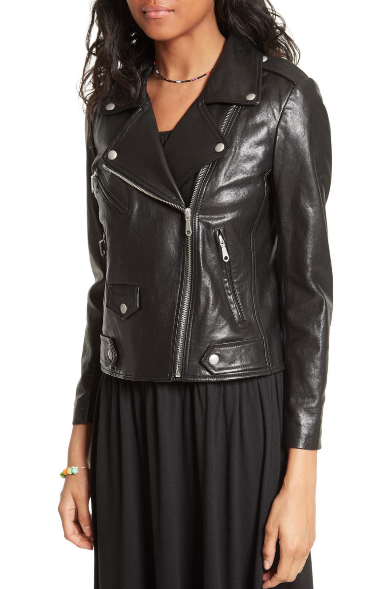 Rebecca Minkoff Wes Moto Leather & Neoprene Jacket, Alternate, color, 