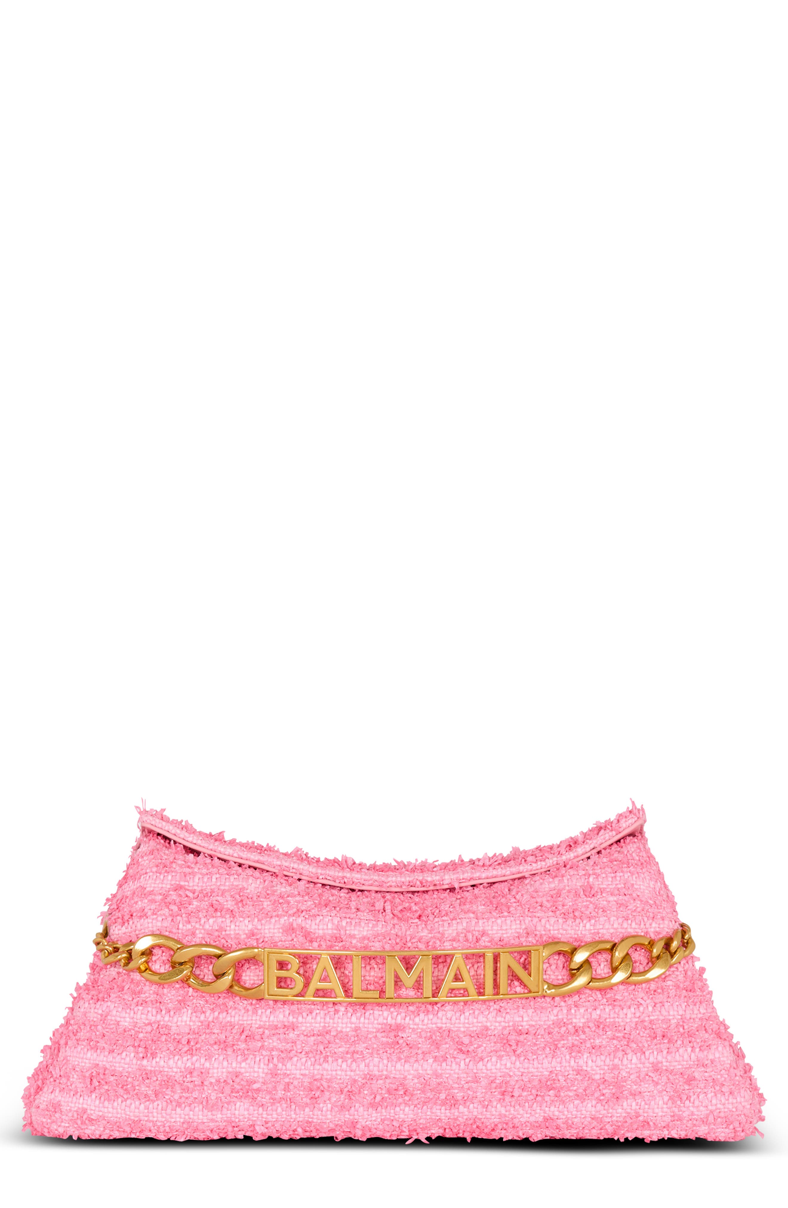 Balmain 1945 Raffia & Tweed Soft Pouch Clutch, Main, color, 