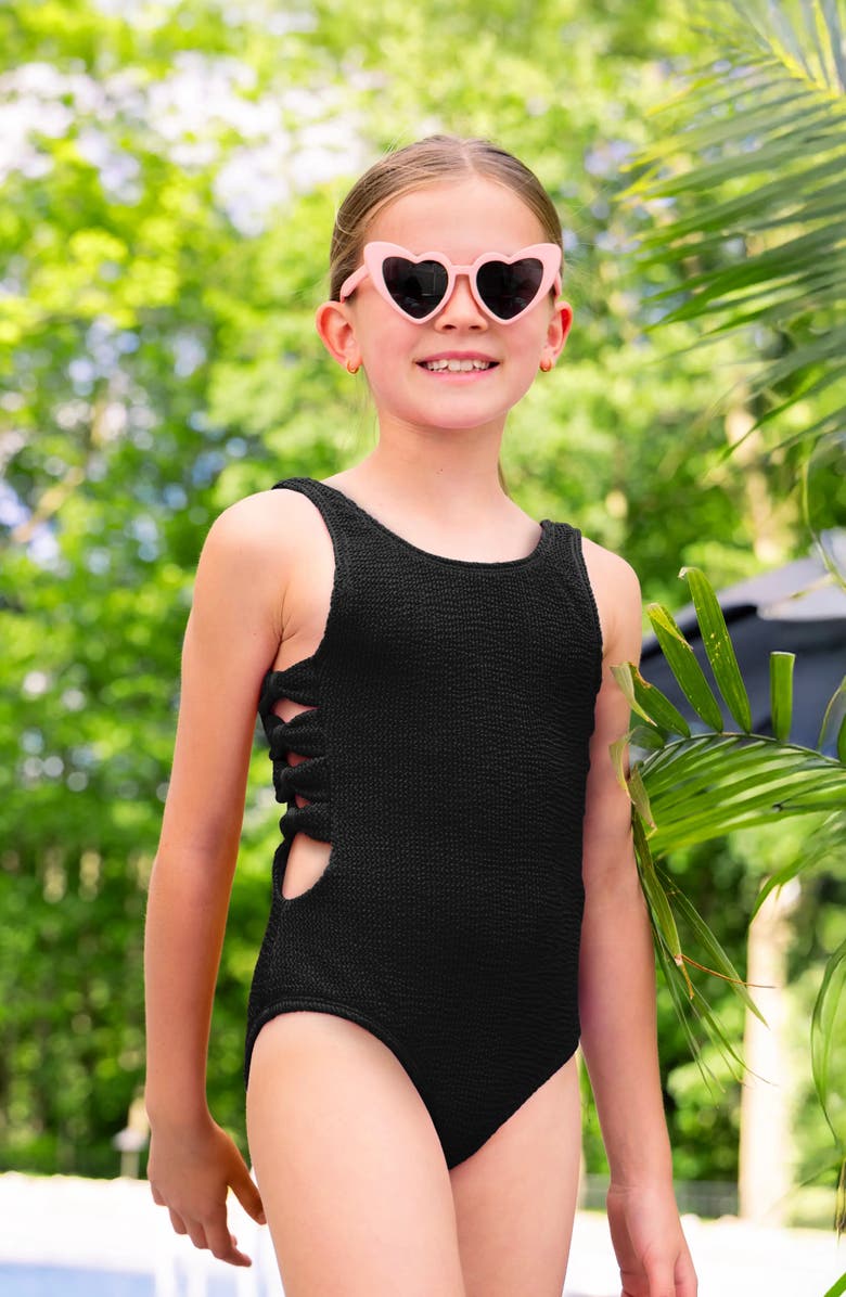 Limeapple Crinkle Bow Side Cutout One Piece - Juniors, Alternate, color, Black