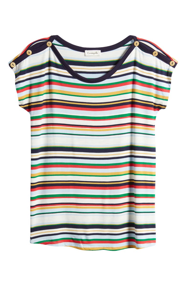 Loveappella Stripe Button Shoulder T-Shirt, Alternate, color, Multistripe