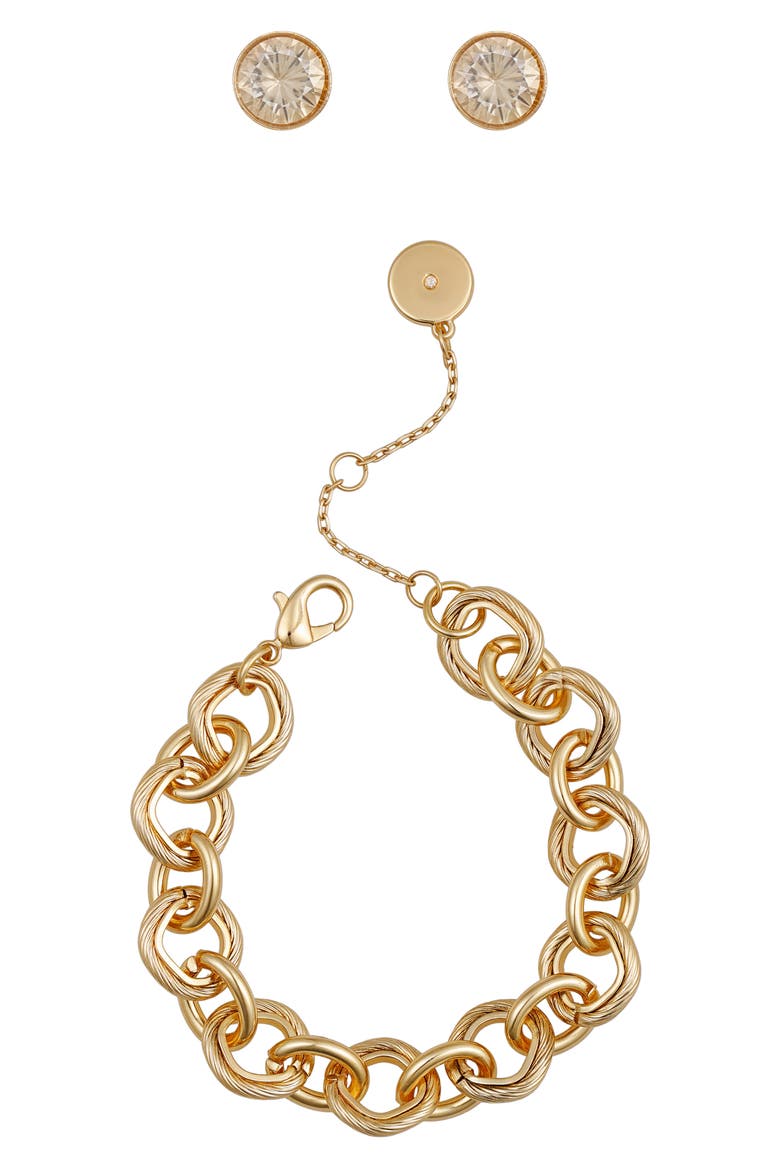 Chain Link Bracelet & Cubic Zirconia Stud Earrings Gift Set, Main, color, GOLD