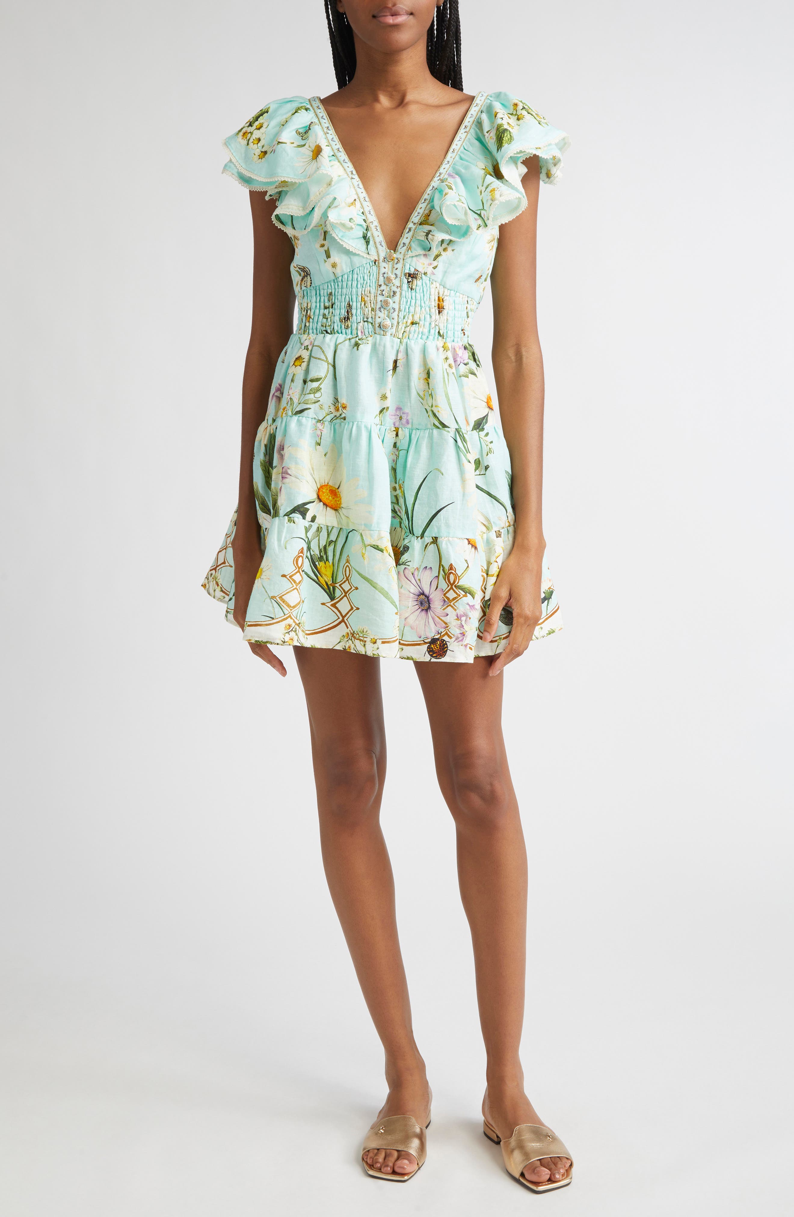 Camilla Floral Freefall Tiered Linen Minidress