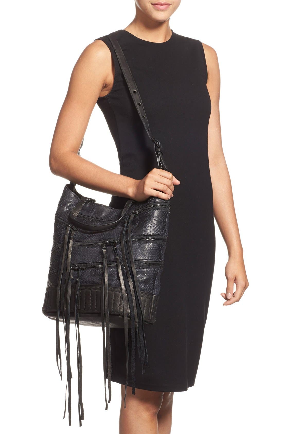 'Babe' Convertible Lambskin Leather Tote, Alternate, color, BLACK SNAKE