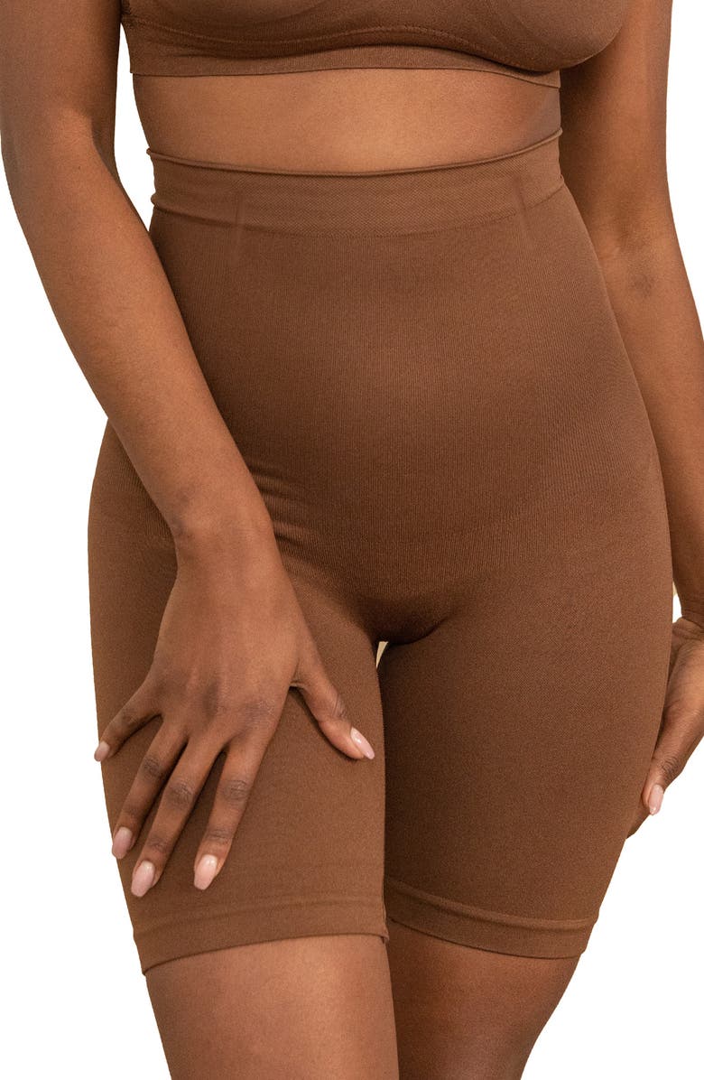Shapermint Essentials High Waist Shaper Shorts, Main, color, Chocolate