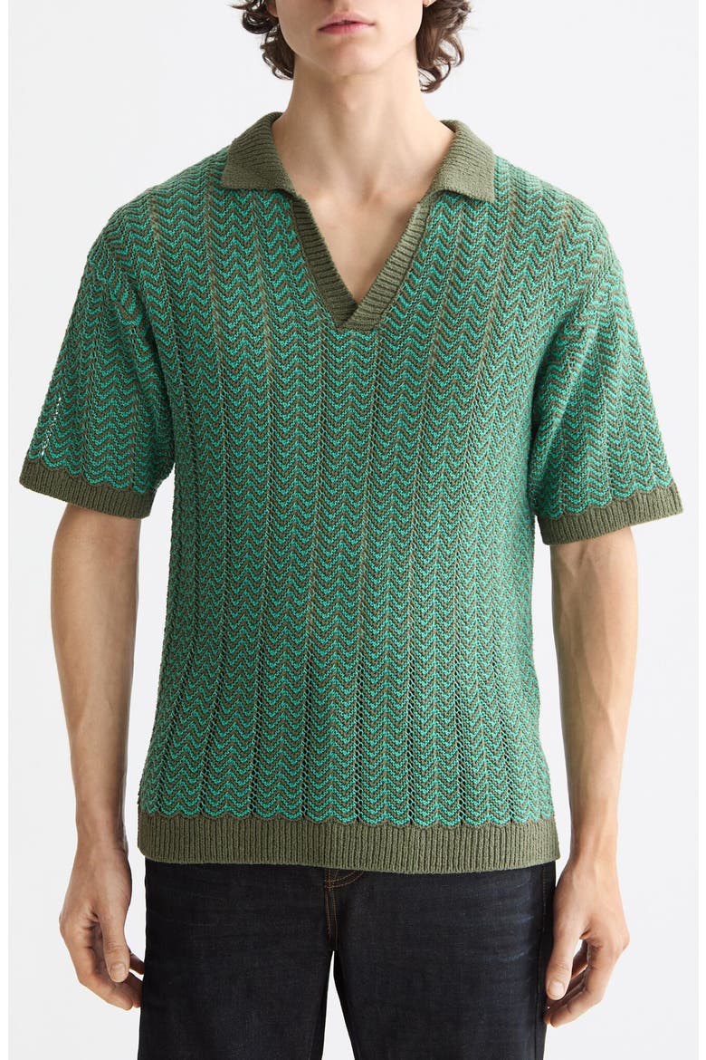 Open Knit Johnny Collar Polo Sweater, Main, color, THYME
