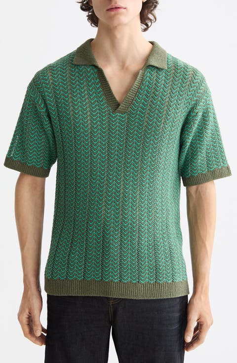 Open Knit Johnny Collar Polo Sweater