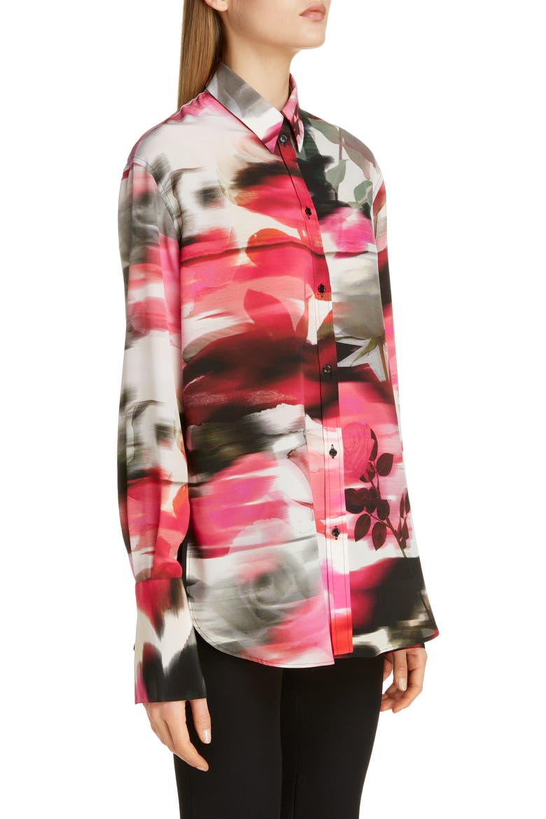 Alexander McQueen Rose Print Silk Blouse, Alternate, color, PINK