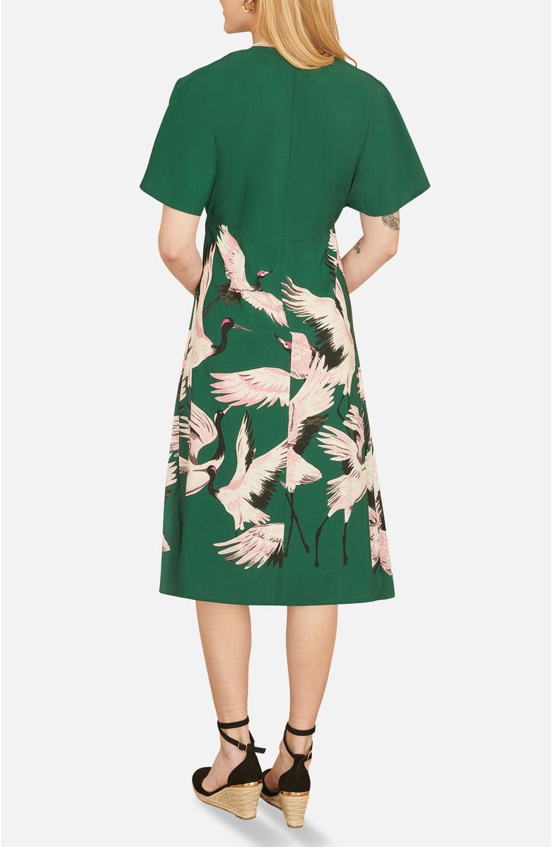 Yumi Crane Print Midi Dress, Alternate, color, Green