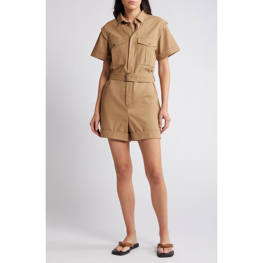 Frame Womens Khaki Tan Utility Patch-pocket Belted Cotton-blend Playsuit In Khaki Tan
